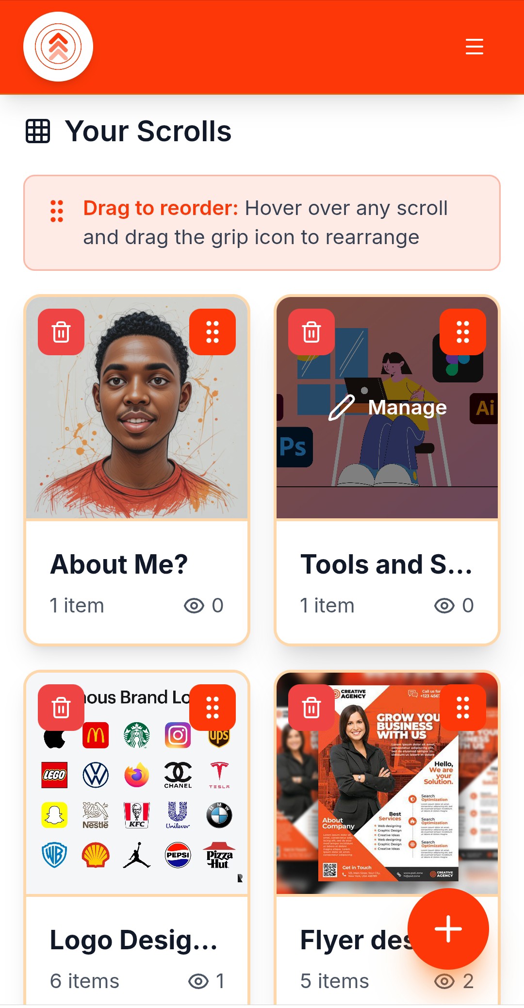 STEP 2: CREATE SCROLLS (CATEGORIES)

Scrolls = categories for your content.

Examples:

Photographer:
• Wedding Portfolio
• Portrait Sessions  
• Commercial Work

Restaurant:
• Breakfast Menu
• Lunch Specials
• Dinner Menu

Designer:
• Logo Designs
• Branding Projects
• Web Design

Each Scroll = organized content.
